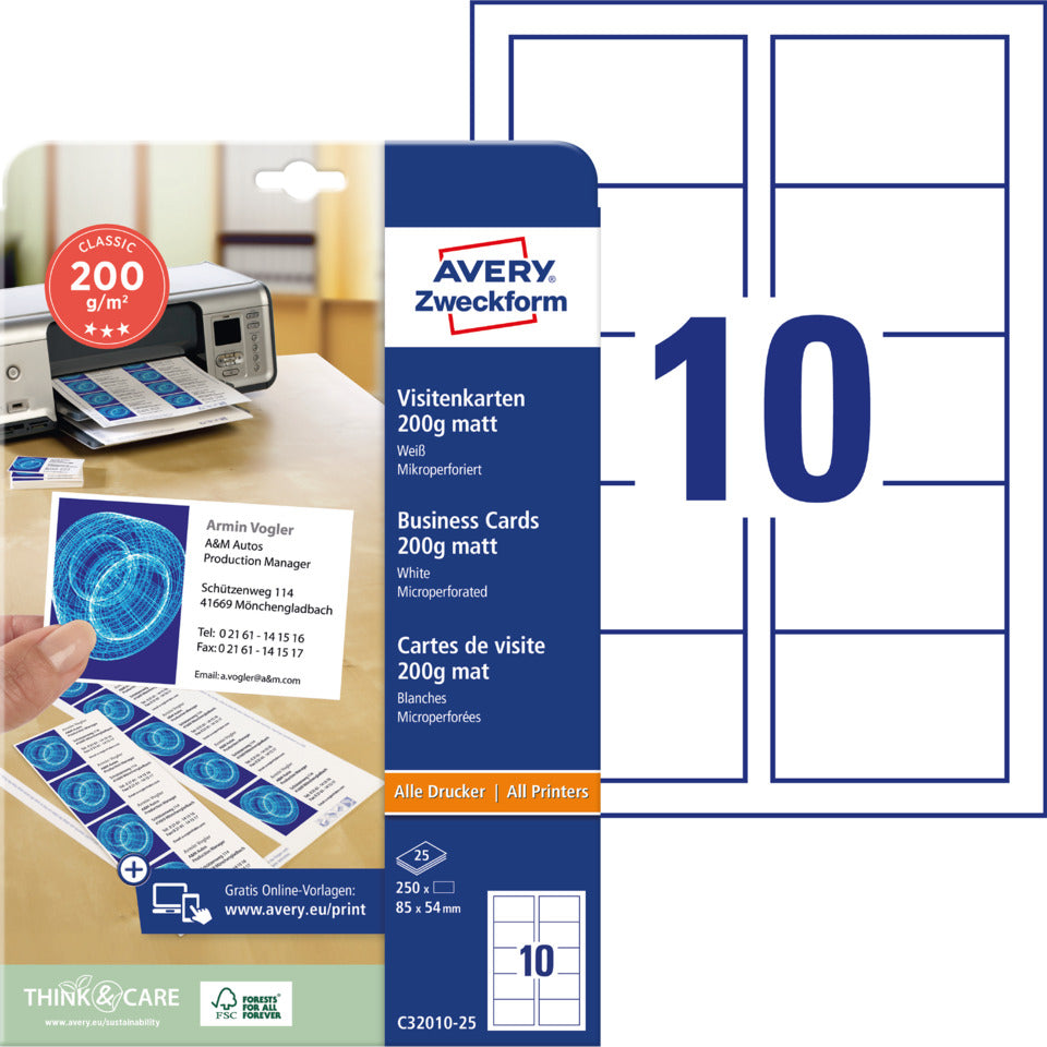 Visitenkarten Classic, 85x54mm, 200g/m², 250 Stück, weiß AVERY ZWECKFORM C32010-25 ZWECKFORM C32010 25 85x54mm 200g