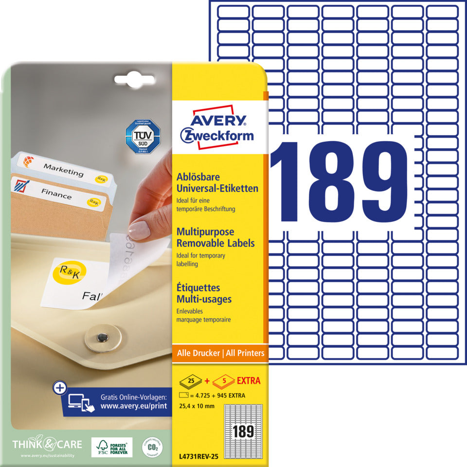 Universaletiketten ablösbar, 25,4x10mm, 5670 Stück, weiß AVERY ZWECKFORM L4731REV-25 ZWECKFORM L4731REV-25 weiß