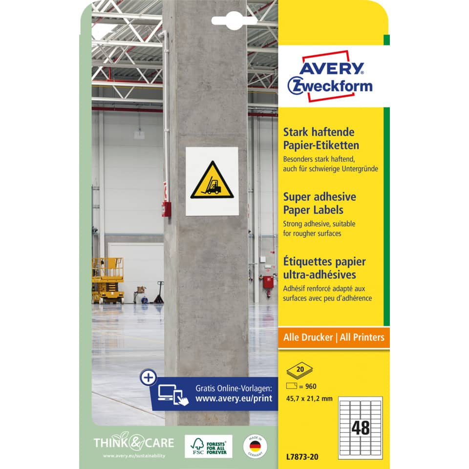 Universaletiketten stark haftend, 45,7x21,2mm, 960 Stück, weiß AVERY ZWECKFORM L7873-20