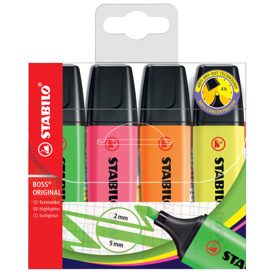 Textmarker BOSS® ORIGINAL, 2-5mm, 4 Stück, sortiert STABILO 70/4 STABILO 70/4 Blister