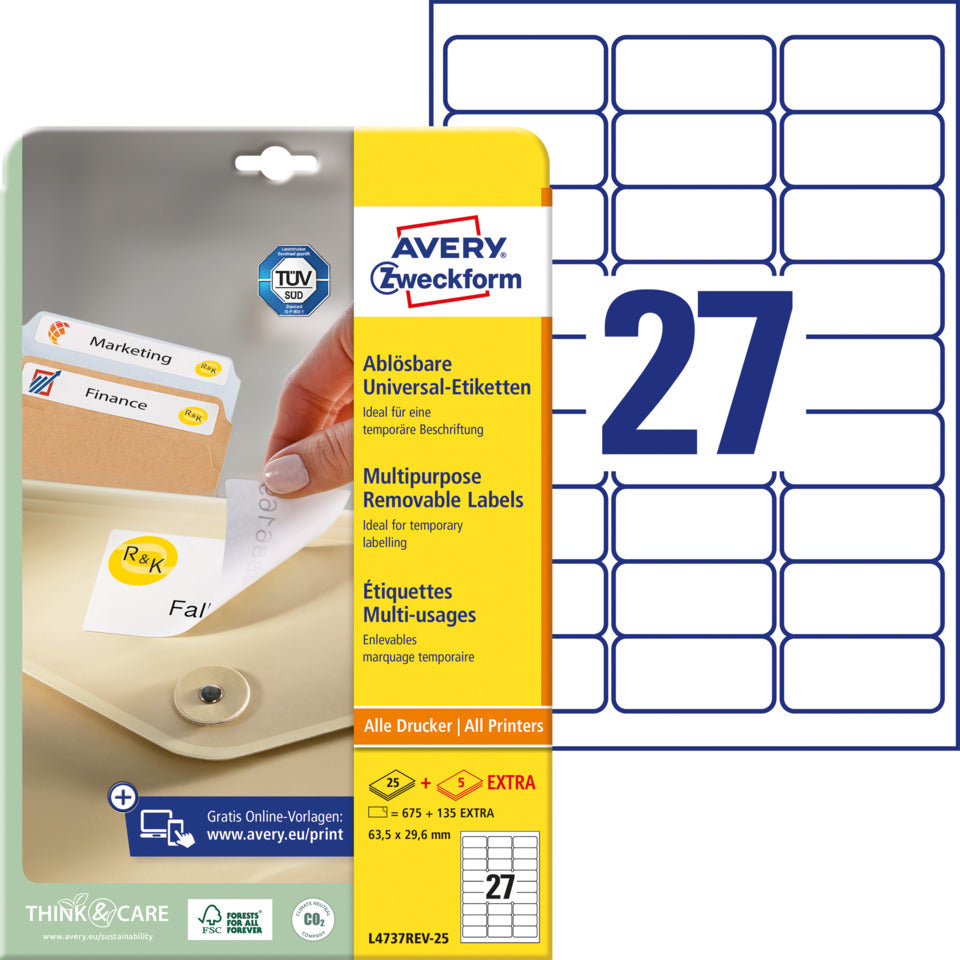 Universaletiketten ablösbar, 63,5x29,6mm, 810 Stück, weiß AVERY ZWECKFORM L4737REV-25 ZWECKFORM L4737REV-25 weiß