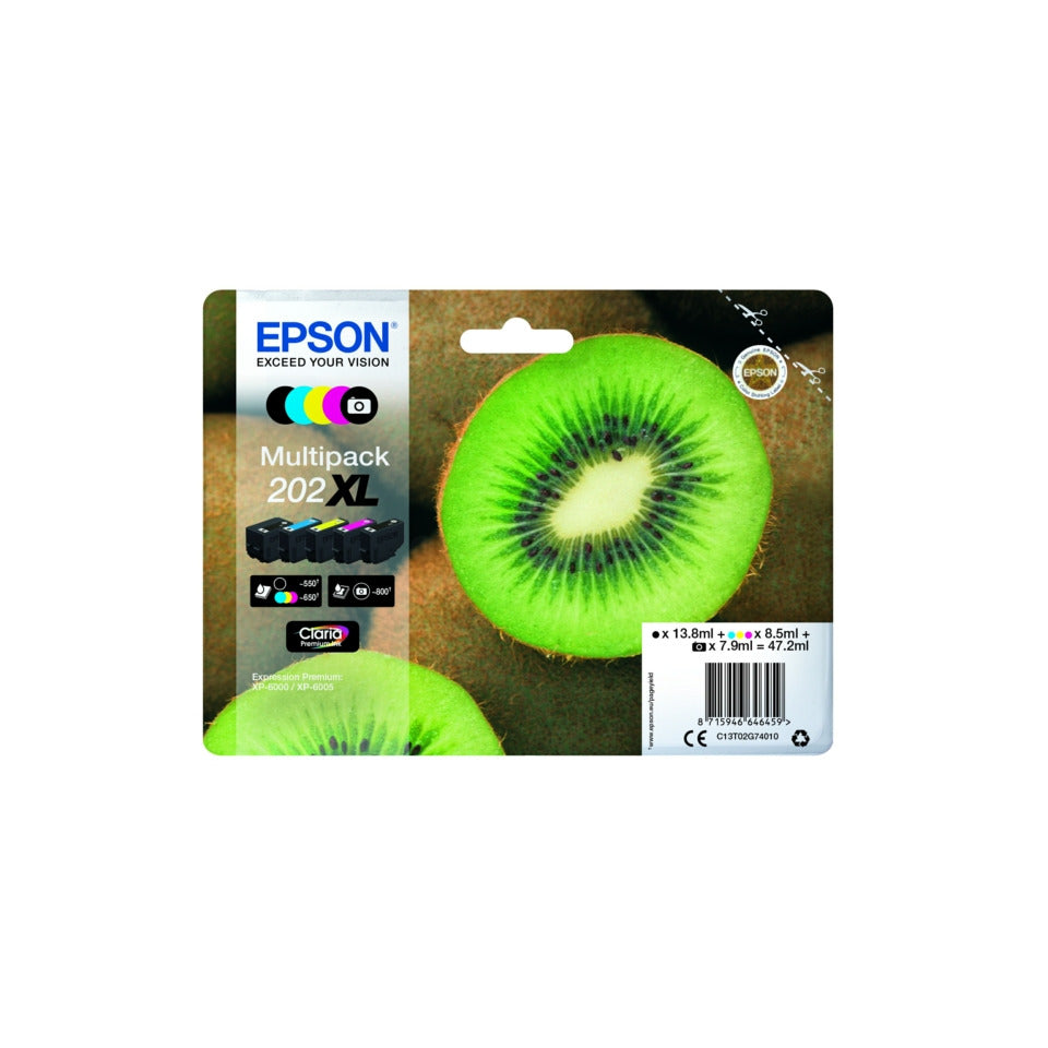 Tintenpatrone Multipack Nr.202XL, Cyan, Fotoschwarz, Gelb, Magenta, Schwarz EPSON C13T02G74010