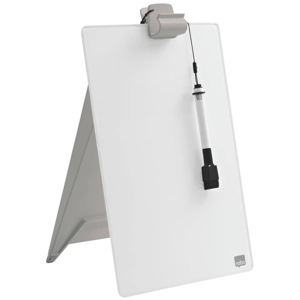 Glas Desktop-Notizboard, A4, aufstellbar, mit Dokumentenklammer, weiß NOBO 1905173
