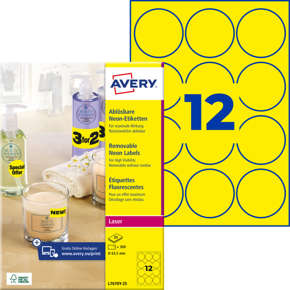 Farbige Etiketten, Ø63,5cm, 300 Stück, neongelb AVERY ZWECKFORM L7670Y-25 AVERY ZWECKFORM L7670Y-25 63,5