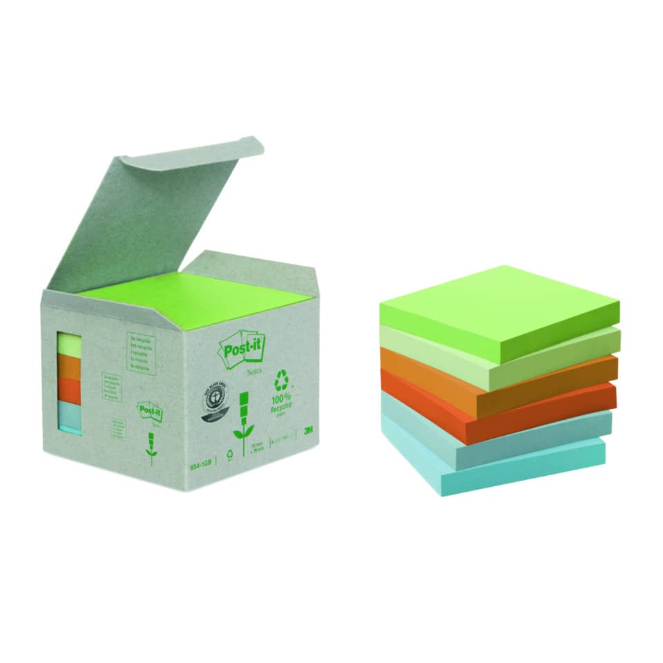 Haftnotizblock Recycling Notes, 76x76mm, Farbe: mint, hellblau, rosa, flamingopink, 6 x 100 Blatt POST-IT 654-1GB POST-IT 6541GB UWF 6x100BL