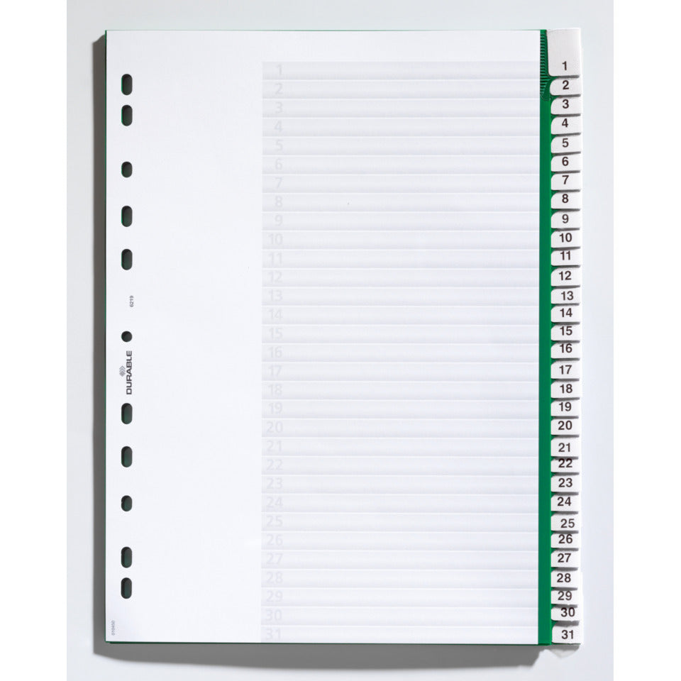 Register, Hartfolie, 1 - 31, grün, DIN A4, 215/230 x 297 mm, 31 Blatt DURABLE 6219 05 DURABLE 6219 05 A4h/31tlg