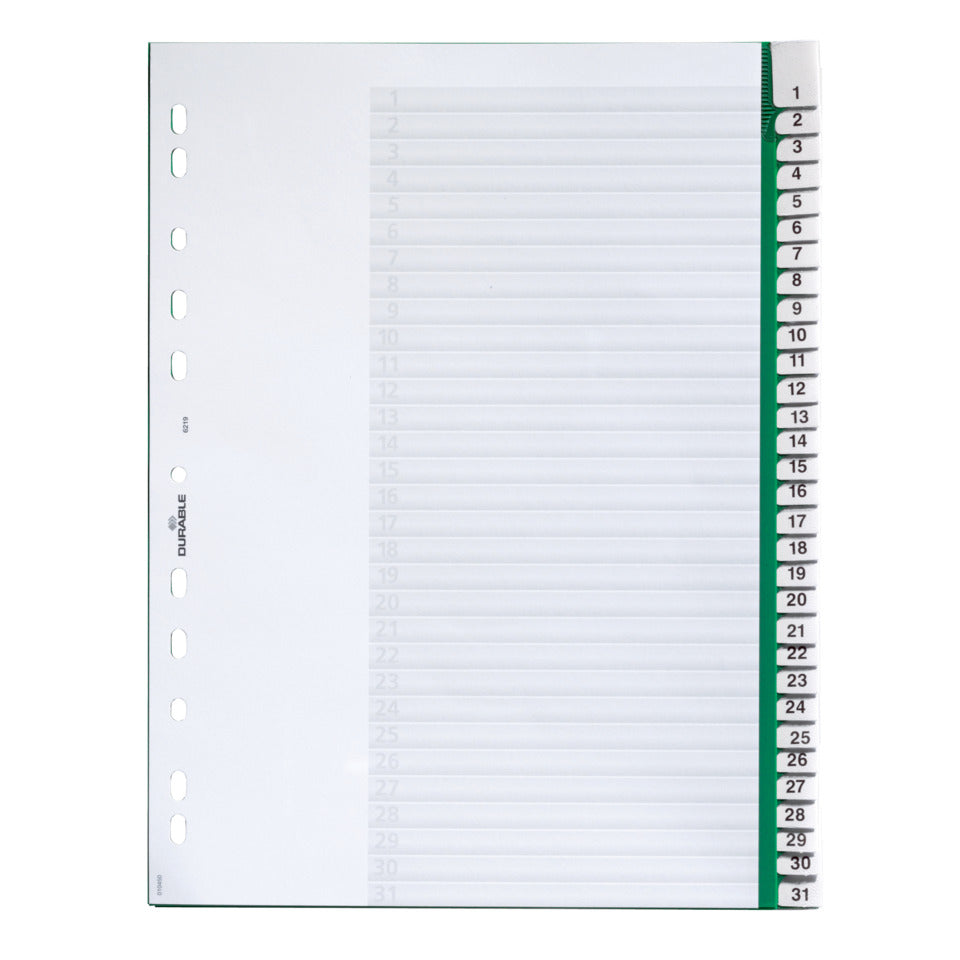 Register, Hartfolie, 1 - 31, grün, DIN A4, 215/230 x 297 mm, 31 Blatt DURABLE 6219 05 DURABLE 6219 05 A4h/31tlg