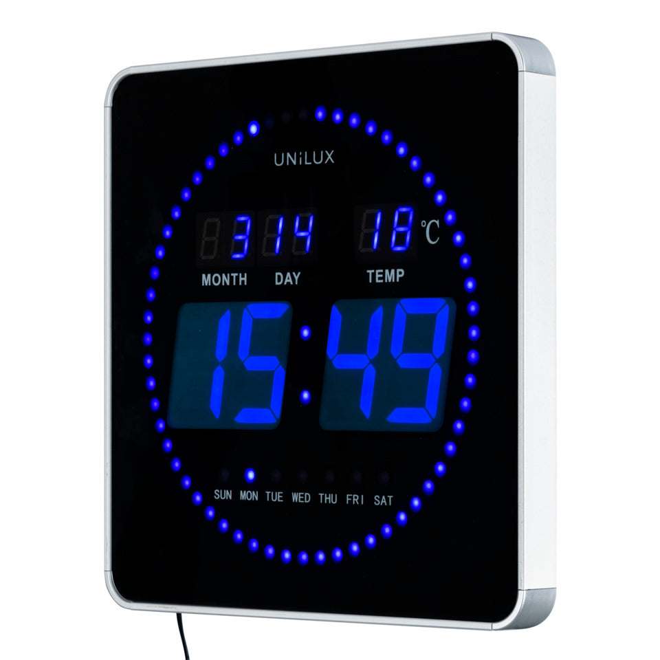 Wanduhr LED FLO schwarz mit Datums-, Wochentags- und Temperaturanzeige UNILUX 400124566 UNILUX 400124566 Flo Digital