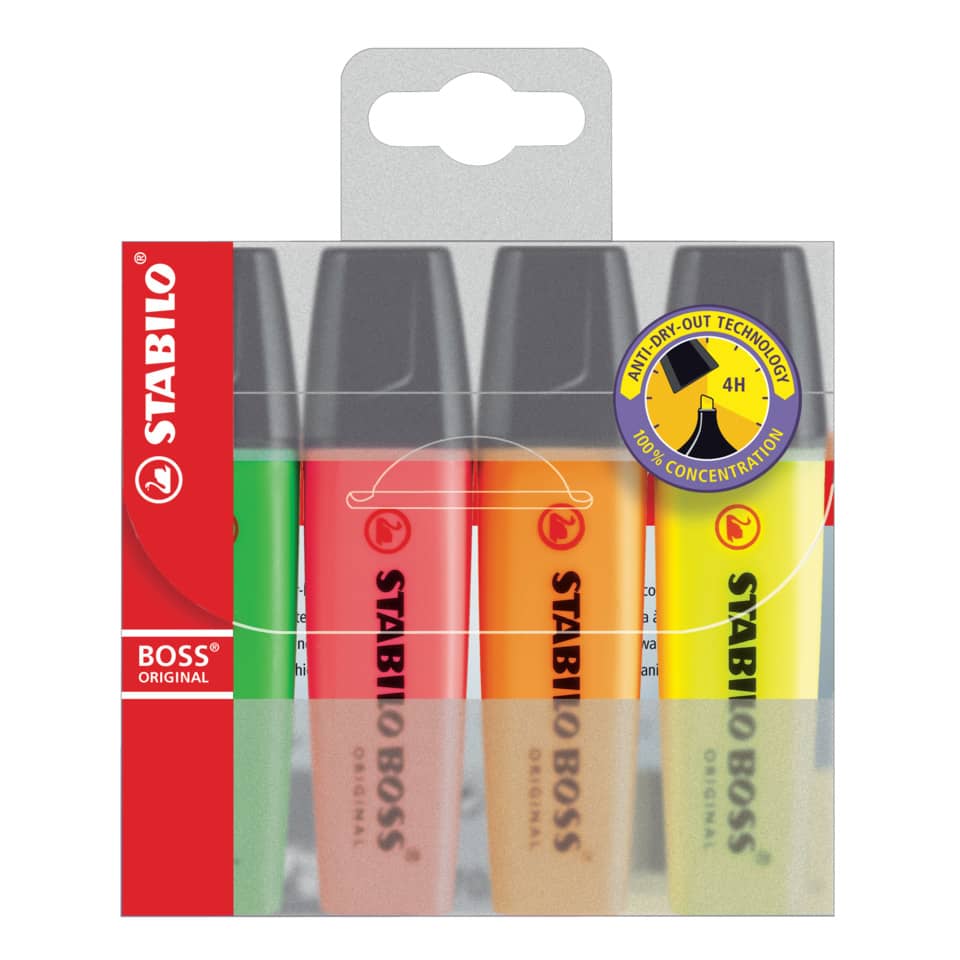 Textmarker BOSS® ORIGINAL, 2-5mm, 4 Stück, sortiert STABILO 70/4 STABILO 70/4 Blister