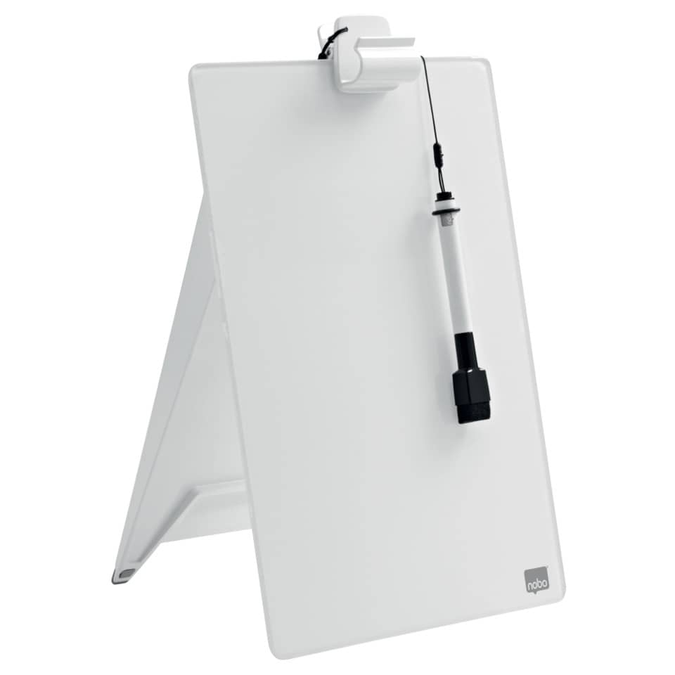 Glas Desktop-Notizboard, A4, aufstellbar, mit Dokumentenklammer, weiß NOBO 1905173