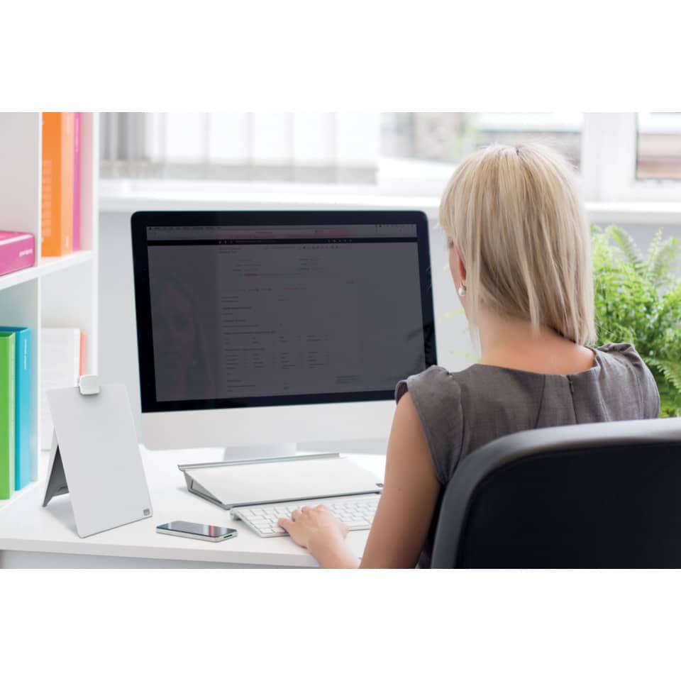 Glas Desktop-Notizboard, A4, aufstellbar, mit Dokumentenklammer, weiß NOBO 1905173