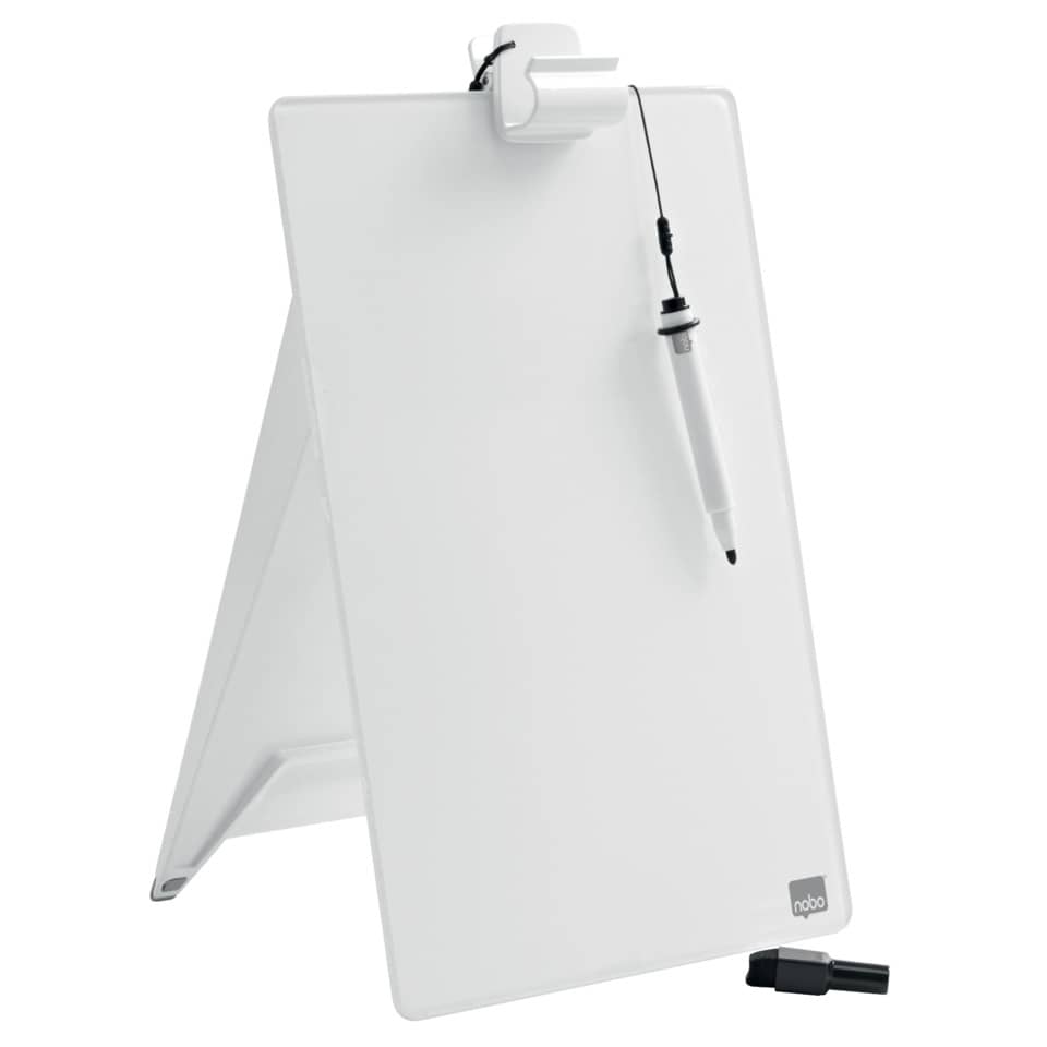 Glas Desktop-Notizboard, A4, aufstellbar, mit Dokumentenklammer, weiß NOBO 1905173
