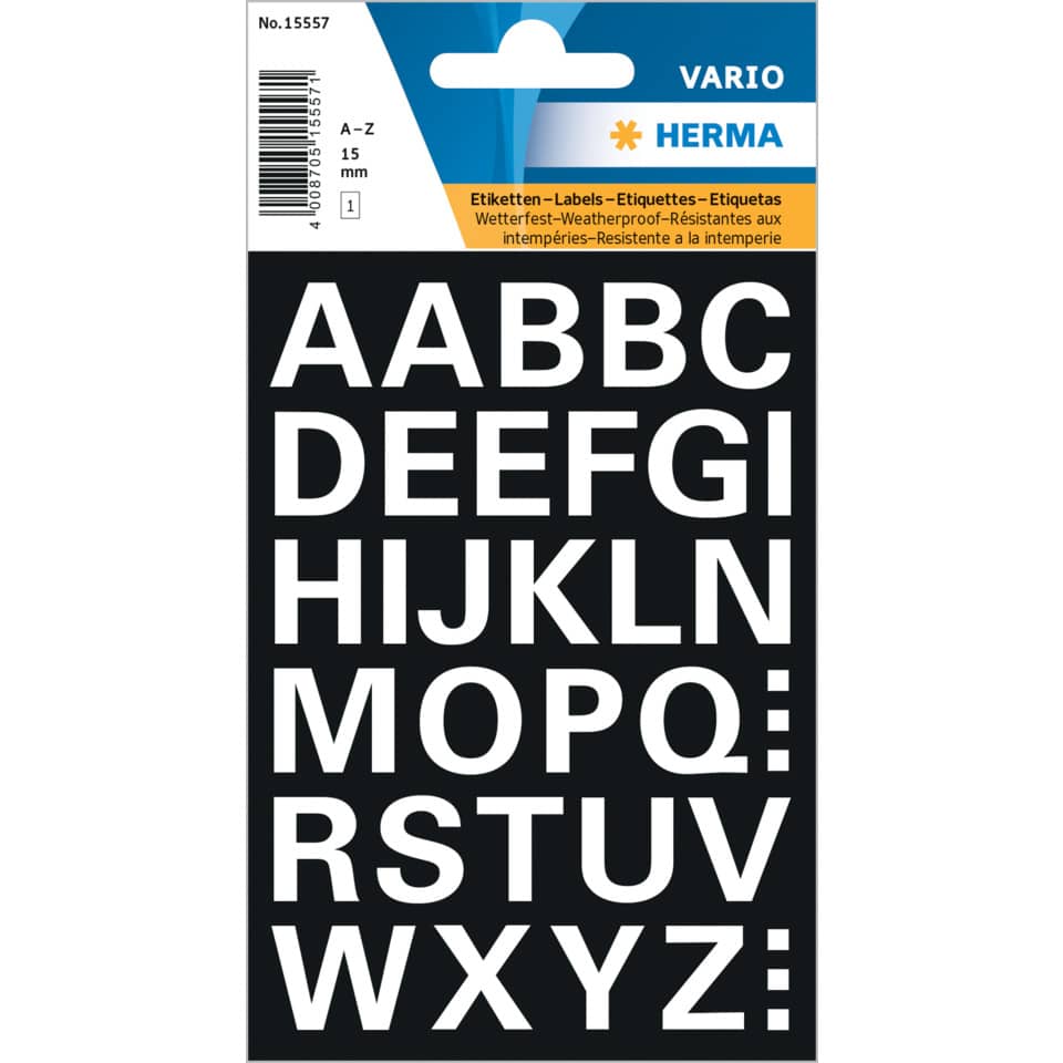 Buchstabenetikett A-Z, 15mm, 36 Stück, weiß HERMA 15557 HERMA 15557 15mm