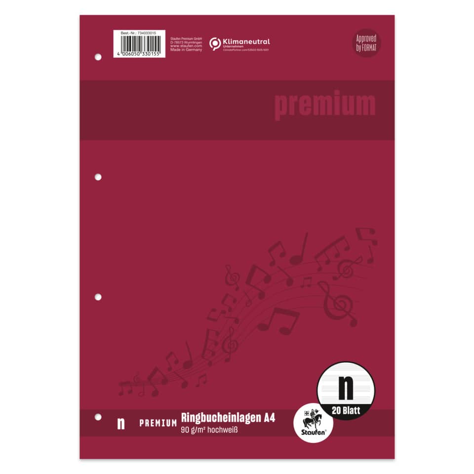 Ringbucheinlage Notenlineatur, A4, 20 Blatt STAUFEN PREMIUM 734033015 STAUFEN PREMIUM 734033015 4-Loch