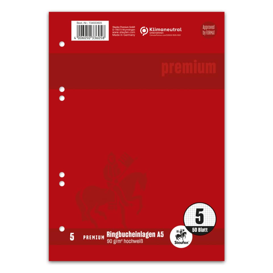 Ringbucheinlage, A5, 90g/m², 50 Blatt, Lin.5, kariert STAUFEN PREMIUM 734033605 STAUFEN PREMIUM 734033605 6-Loch