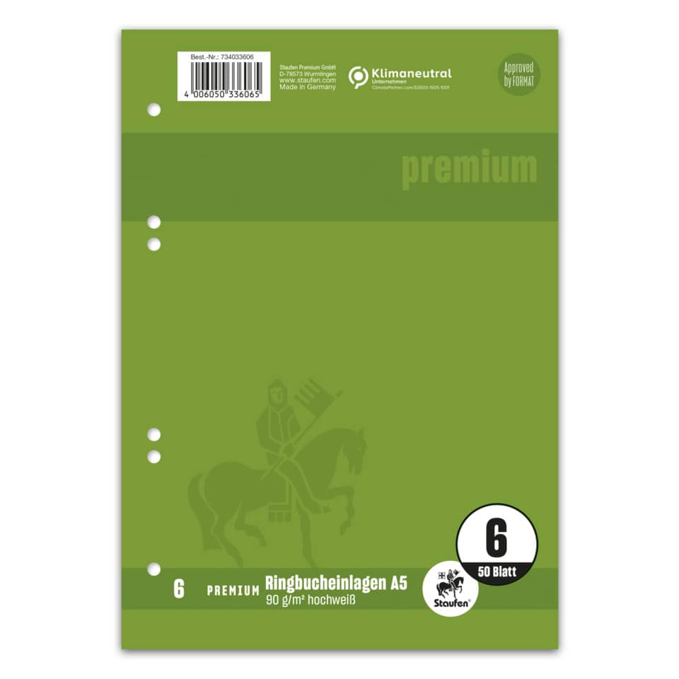 Ringbucheinlage, A5, 90g/m², 50 Blatt, Lin.6, blanko STAUFEN PREMIUM 734033606 STAUFEN PREMIUM 734033606 6-Loch