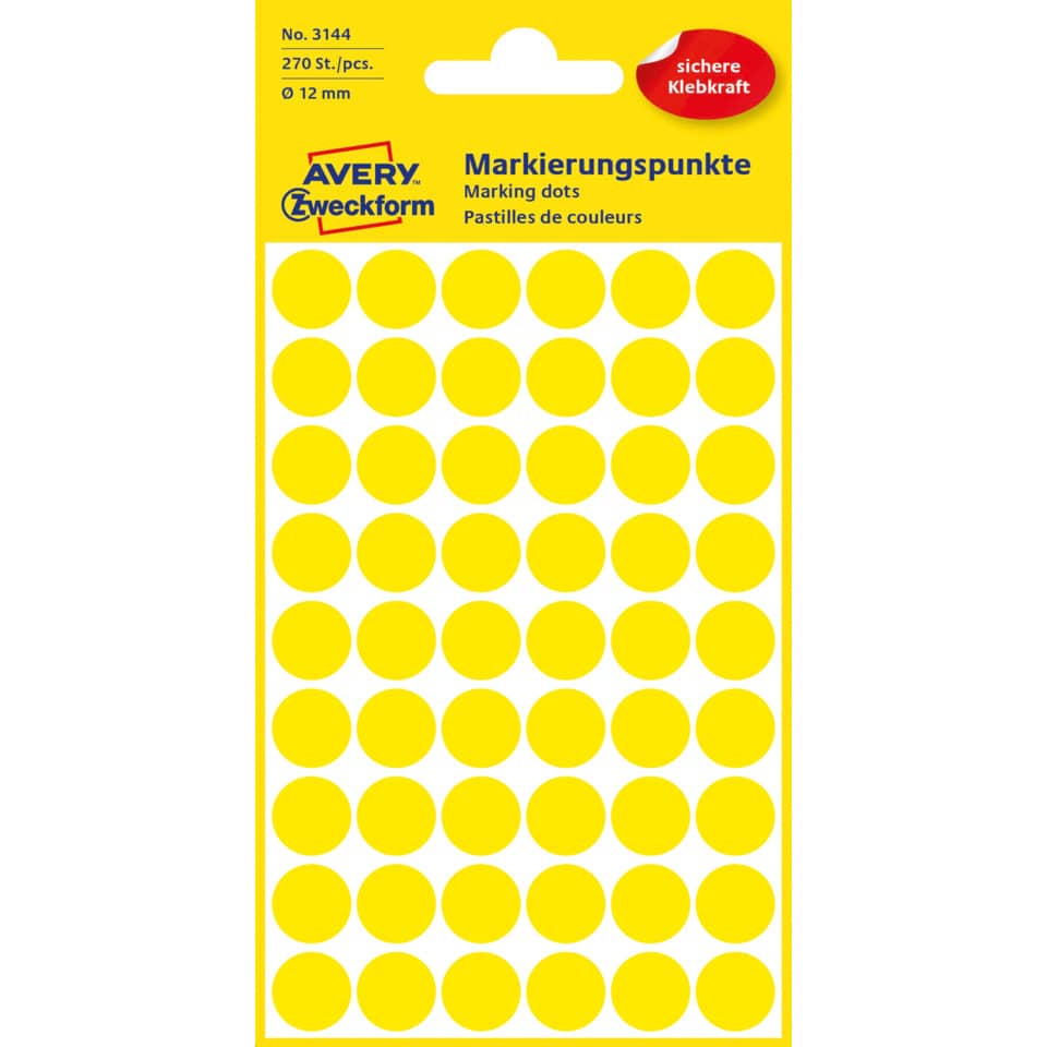 Markierungspunkte, Ø12mm, 270 Stück, gelb AVERY ZWECKFORM 3144 ZWECKFORM 3144 permanent haftend