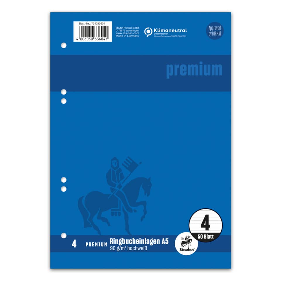 Ringbucheinlage, A5, 90g/m², 50 Blatt, Lin.4, liniert STAUFEN PREMIUM 734033604 STAUFEN PREMIUM 734033604 6-Loch