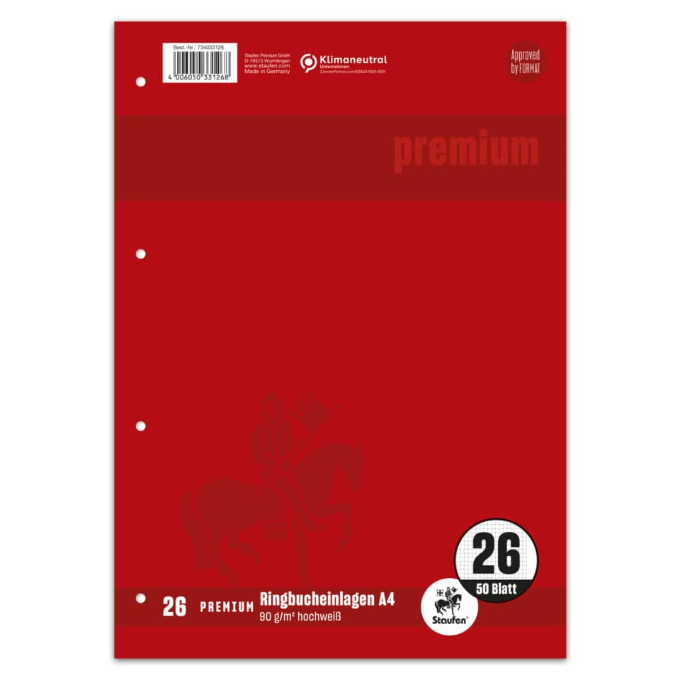 Ringbucheinlage, A4, 90g/m², 50 Blatt, Lin.26, kariert mit Rand, weiß STAUFEN PREMIUM 734033126 STAUFEN PREMIUM 734033126 4-Loch