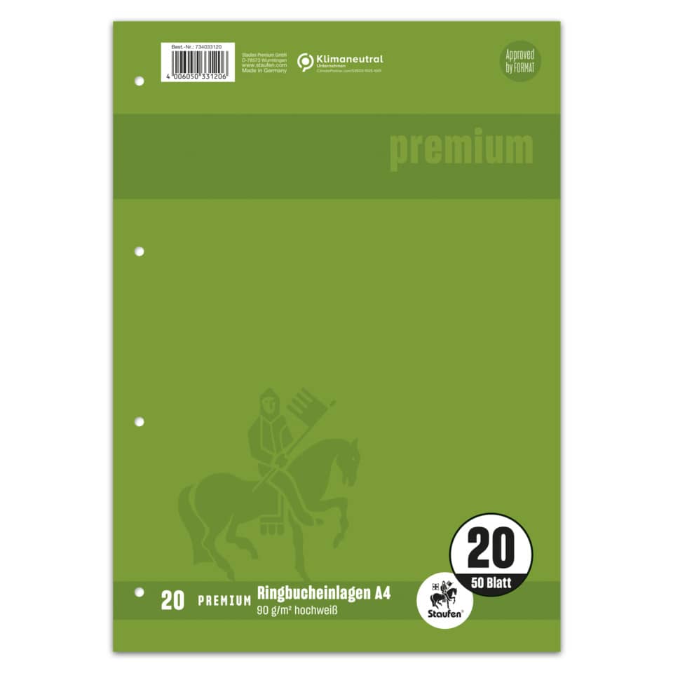 Ringbucheinlage, A4, 90g/m², 50 Blatt, Lin.20, blanko, weiß STAUFEN PREMIUM 734033120 STAUFEN PREMIUM 734033120 4-Loch