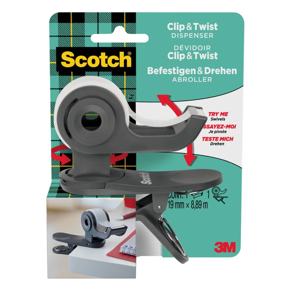 Klebebandabroller Clip & Twist, + 1 Rolle Klebeband 19 mm x 8,89 m, dunkelgrau SCOTCH C19-CLIP-CG SCOTCH C19-CLIP-CG 19mm x8.89m