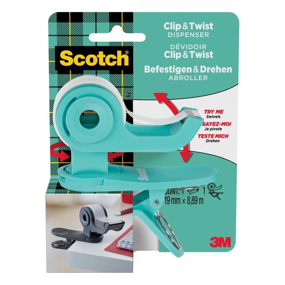 Tischabroller Clip & Twist Abroller, türkis, inkl. 1 Rolle Klebeband 19 mm x 8,89 m SCOTCH C19-CLIP-TL SCOTCH C19-CLIP-TL 19mm x8,89m