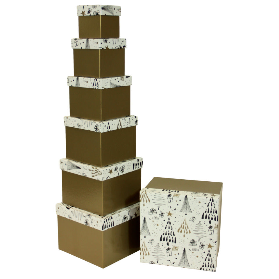 Weihnachts-Geschenkkarton Bäume, 7-teilig, gold/weiß PBS 45113 45113   7tlg Würfel