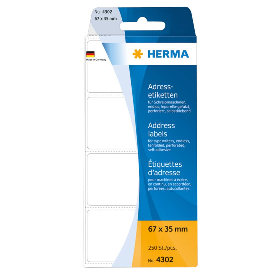 Adressetiketten permanent, 67 x 35 mm, leporello-gefalzt, 250 Stück, weiß HERMA 4302 HERMA 4302 250 Stück leporello-gefalzt
