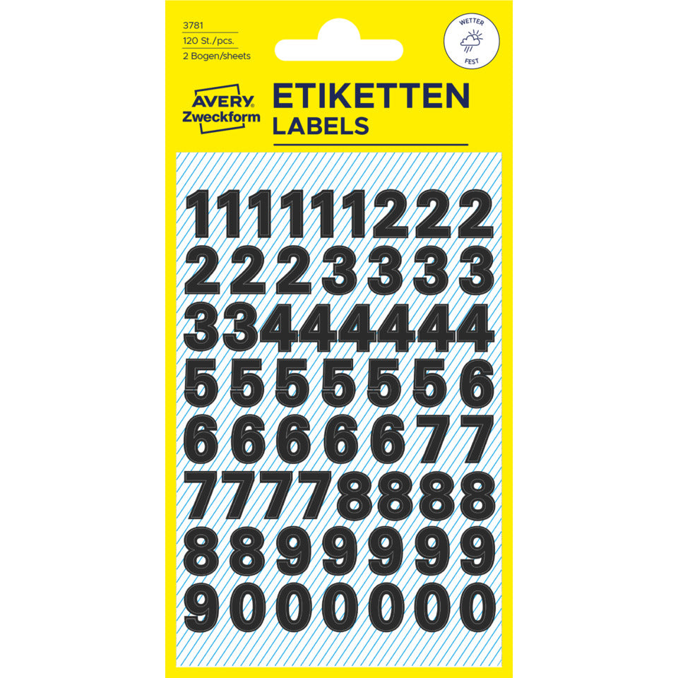 Zahlenetikett 0-9, 9,5mm, wetterfest, 120 Stück, schwarz AVERY ZWECKFORM 3781 ZWECKFORM 3781  9,5 mm wetterfest