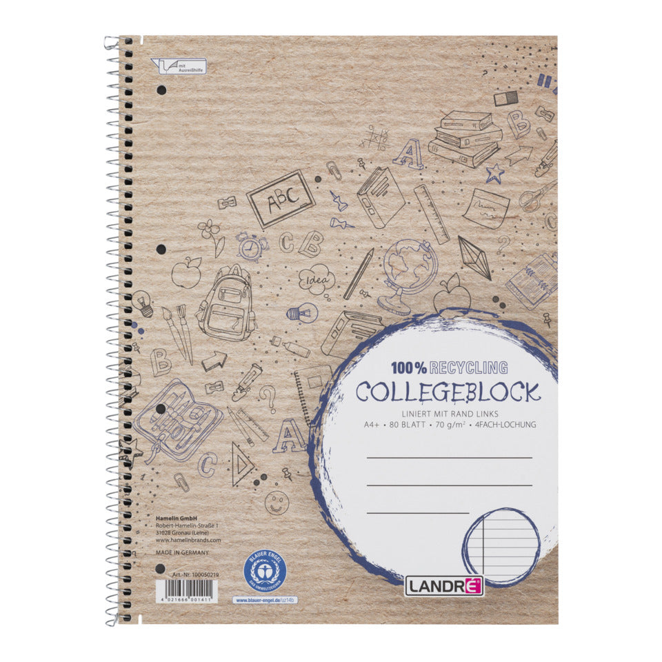 Collegeblock, A4+, 80 Blatt, liniert, Recycling LANDRE 100050219 LANDRÉ 100050219 Recycling