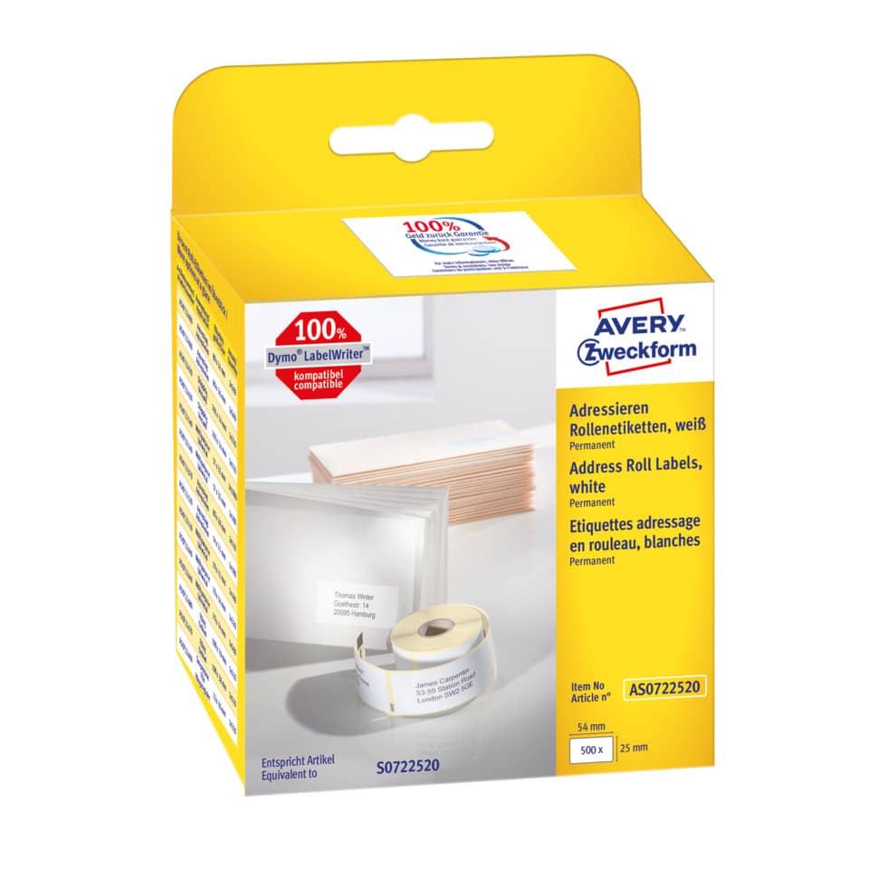 Rollen-Etiketten, 25x54mm, 500 Stück, weiß AVERY ZWECKFORM AS0722520 ZWECKFORM AS0722520 500ST perman.