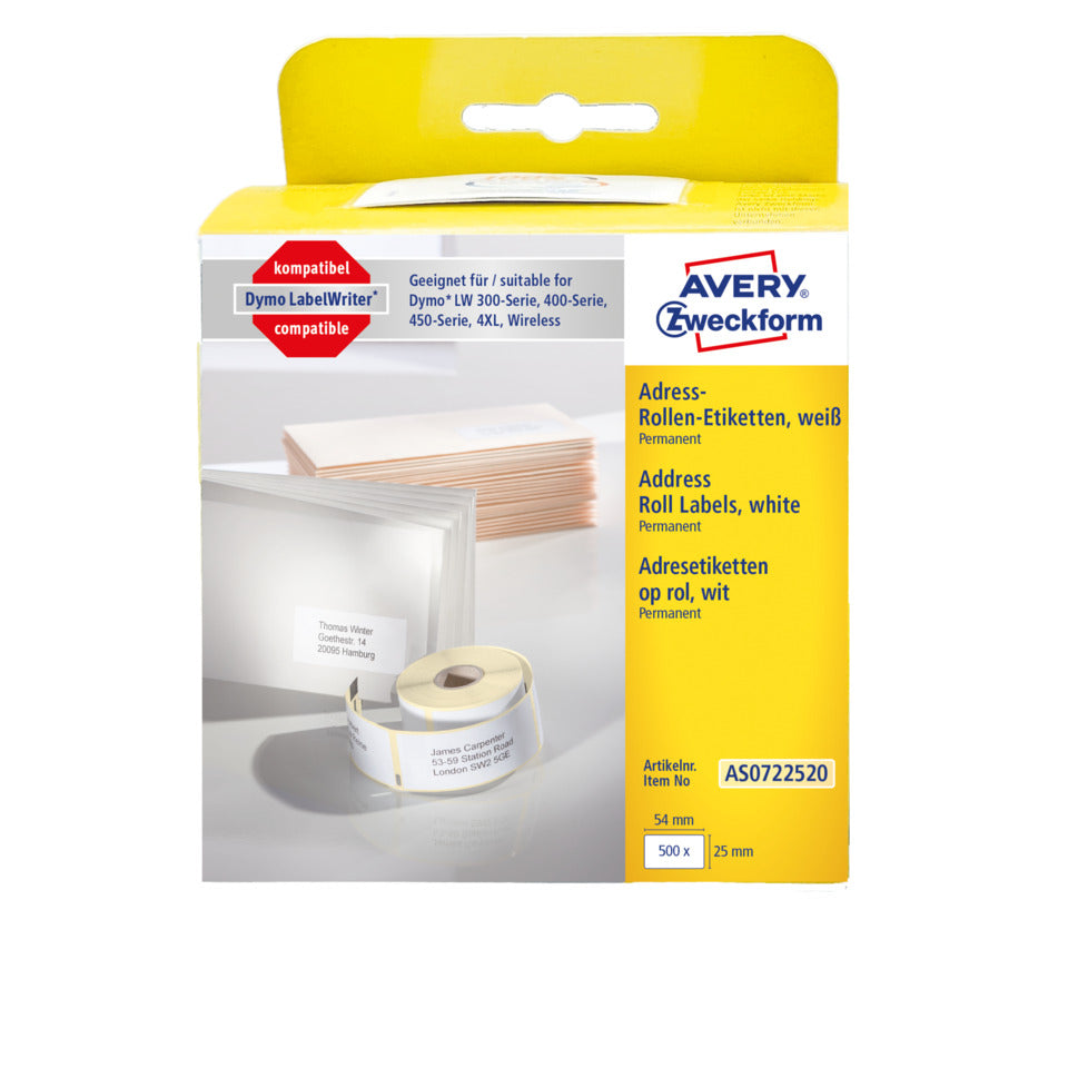 Rollen-Etiketten, 25x54mm, 500 Stück, weiß AVERY ZWECKFORM AS0722520 ZWECKFORM AS0722520 500ST perman.
