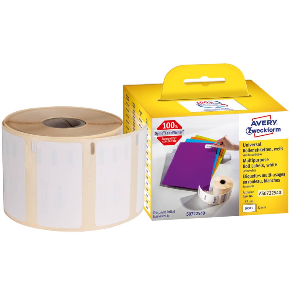 Rollen-Etiketten ablösbar, 32x57mm, 1000 Stück, weiß AVERY ZWECKFORM AS0722540 AVERY ZWECKFORM AS0722540 ablösbar