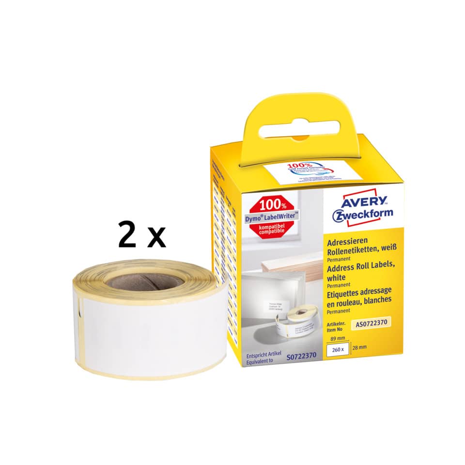 Rollen-Etiketten, 28x89mm, 260 Stück, weiß AVERY ZWECKFORM AS0722370 ZWECKFORM AS0722370 perman.