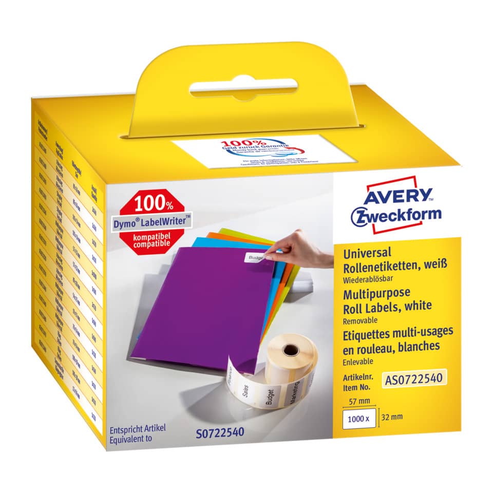 Rollen-Etiketten ablösbar, 32x57mm, 1000 Stück, weiß AVERY ZWECKFORM AS0722540 AVERY ZWECKFORM AS0722540 ablösbar