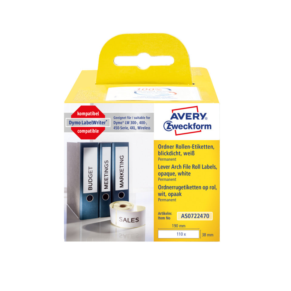 Rollen-Etiketten permanent, 38x190mm, 110 Stück, weiß AVERY ZWECKFORM AS0722470 AVERY ZWECKFORM AS0722470 perman.
