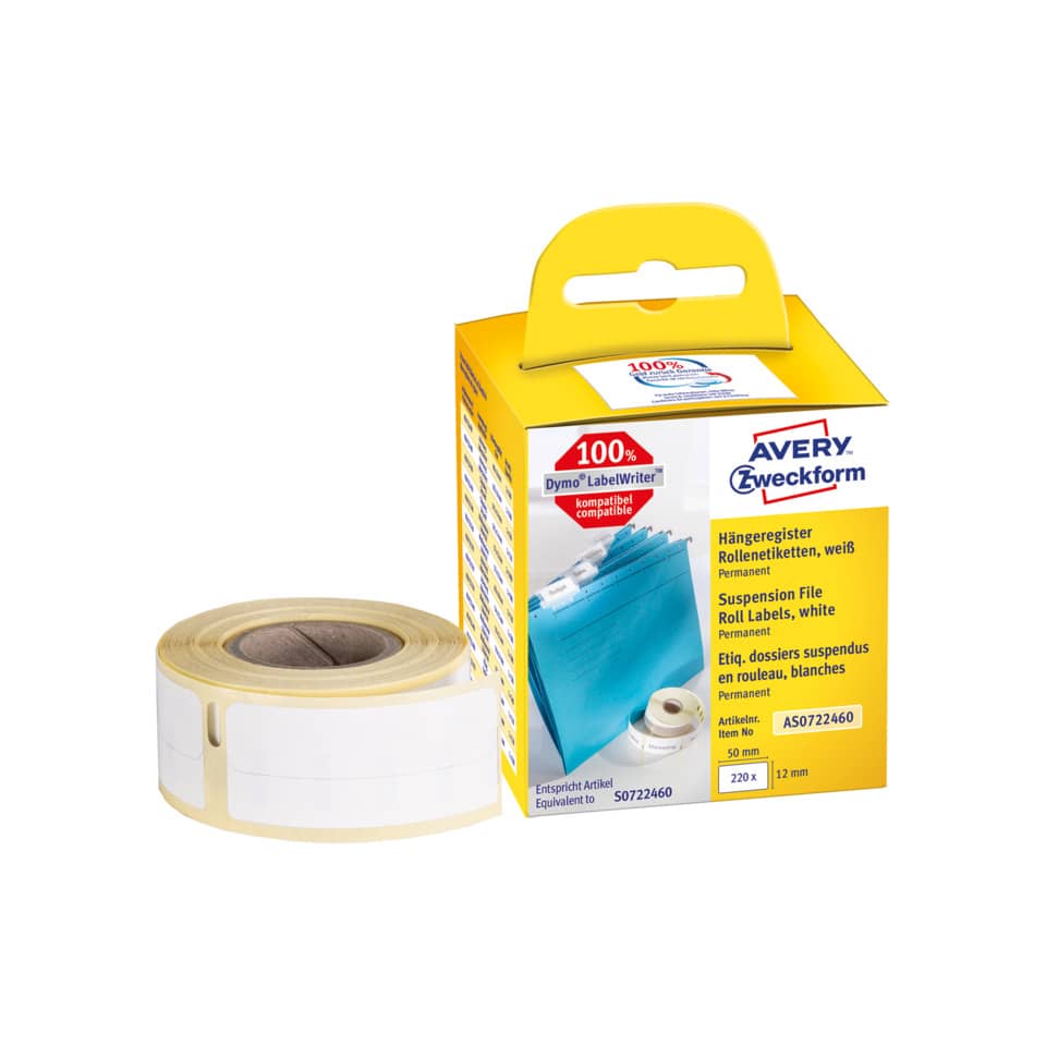 Rollen-Etiketten permanent, 12x50mm, 220 Stück, weiß AVERY ZWECKFORM AS0722460 ZWECKFORM AS0722460 permanent