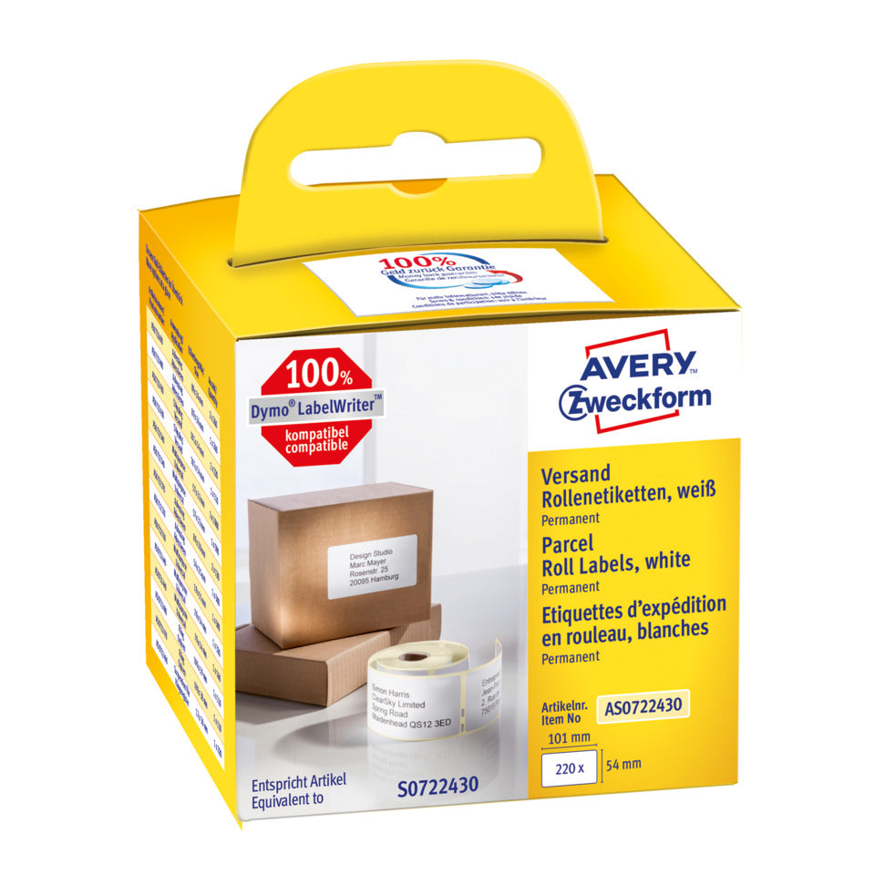 Rollen-Etiketten permanent, 54x70mm, 220 Stück, weiß AVERY ZWECKFORM AS0722430 AVERY ZWECKFORM AS0722430 permanent