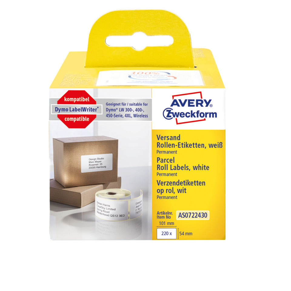 Rollen-Etiketten permanent, 54x70mm, 220 Stück, weiß AVERY ZWECKFORM AS0722430 AVERY ZWECKFORM AS0722430 permanent