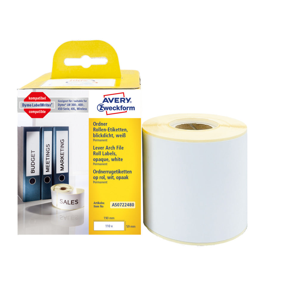 Rollen-Etiketten permanent, 59x190mm, 110 Stück, weiß AVERY ZWECKFORM AS0722480 AVERY ZWECKFORM AS0722480 permanent