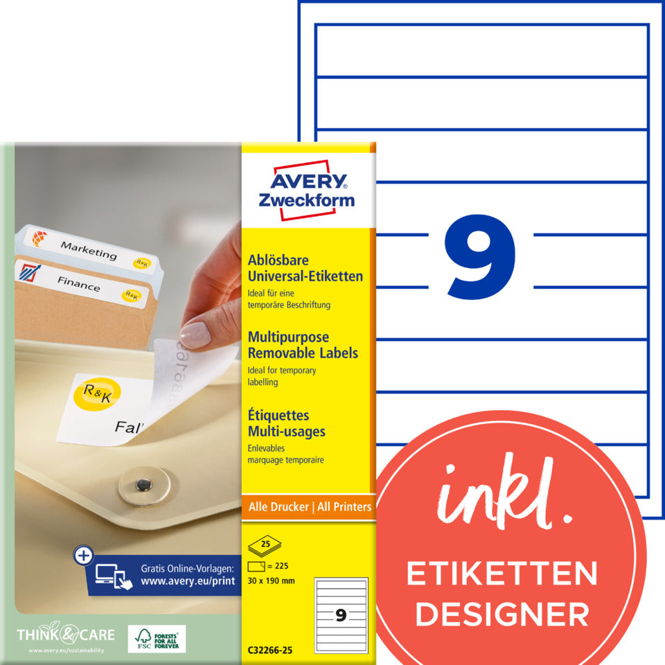 Ordnerrücken-Einsteckschild, 30 x 190 mm, schmal/kurz, 225 Stück, weiß AVERY ZWECKFORM C32266-25 ZWECKFORM C3226625 PG25BL