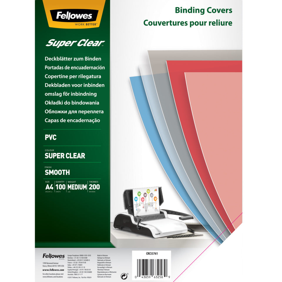 Präsentationsdeckblatt, PVC, 200 µm, transparent, 100 Stück FELLOWES 5376102 FELLOWES 5376102 200myA4