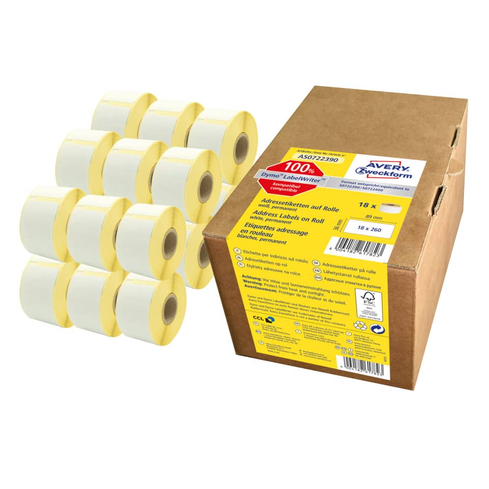 Rollen-Etiketten, 36x89mm, 4680 Stück, weiß AVERY ZWECKFORM AS0722390 AVERY ZWECKFROM AS0722390