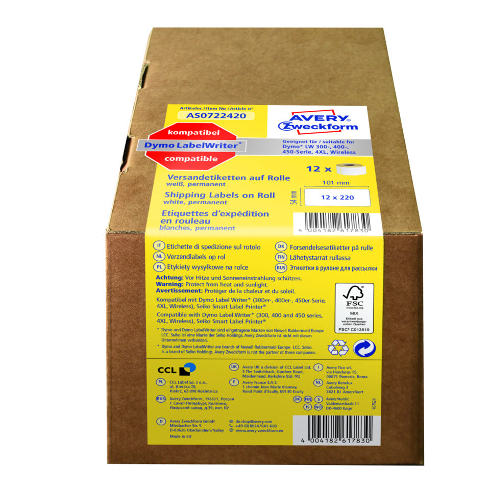 Rollen-Etiketten permanent, 54x101mm, 2640 Stück, weiß AVERY ZWECKFORM AS0722420 AVERY ZWECKFROM AS0722420