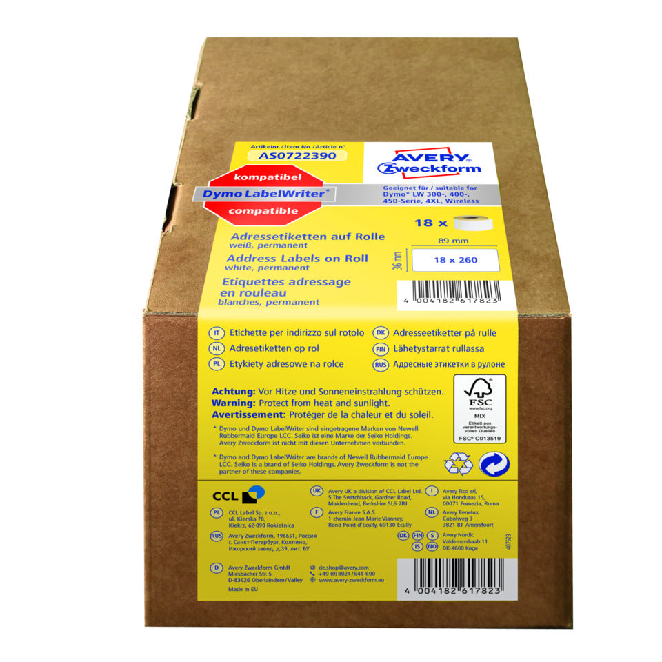 Rollen-Etiketten, 36x89mm, 4680 Stück, weiß AVERY ZWECKFORM AS0722390 AVERY ZWECKFROM AS0722390