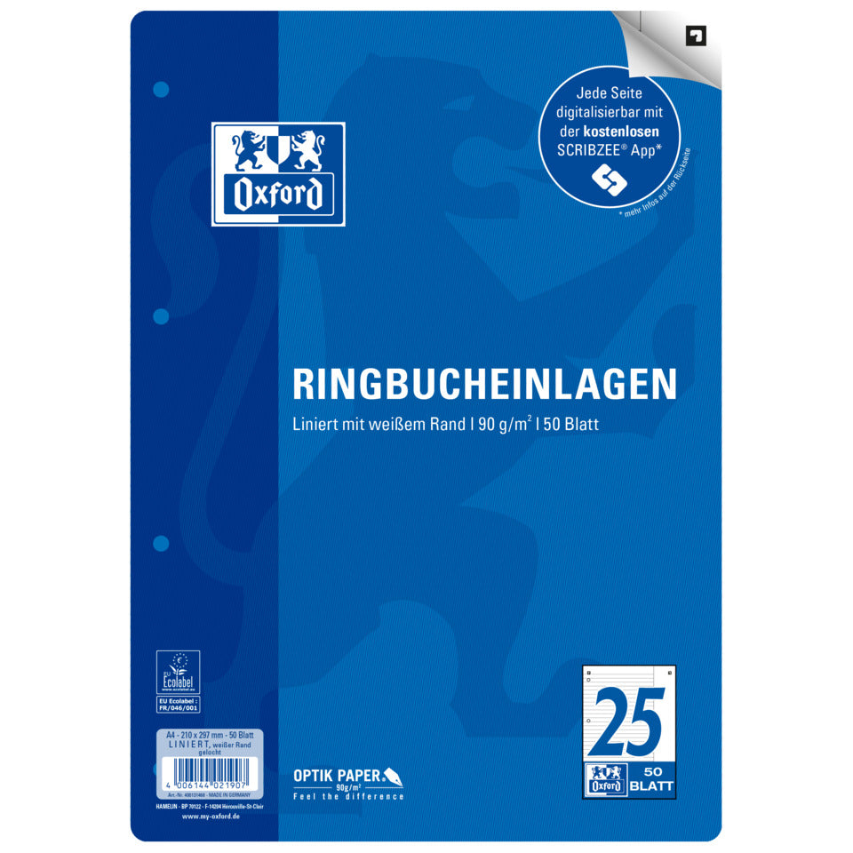 Ringbucheinlagen Optik Paper®, A4, Lin.25, liniert, 50 Blatt OXFORD 400131468 OXFORD 400131468 blau