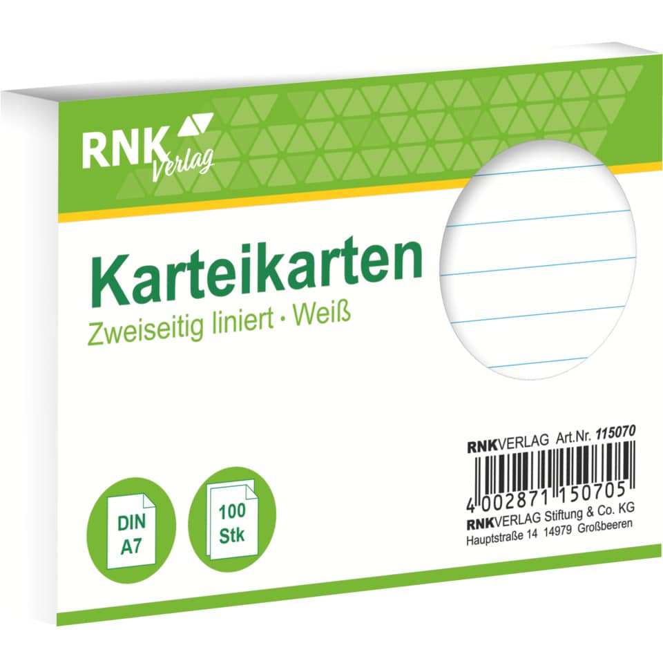 Karteikarte, A7, 170g/m², liniert, 100 Stück, weiß RNK 115070 RNK 115070 liniert