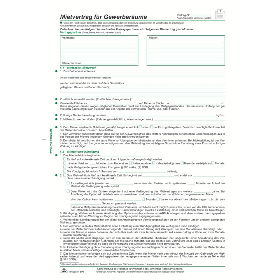 Mietvertrag für Gewerberäume, DIN A4, 3 Blatt RNK 598 RNK 598 A4 5BL