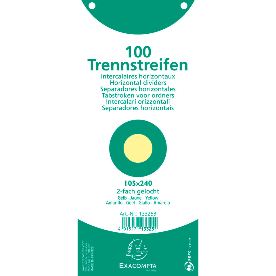 Trennstreifen, Premium Qualität, 190g/qm, 105 x 240 mm, gelocht, 100 Stück, gelb EXACOMPTA 13325B EXACOMPTA 13325B 105x240mm