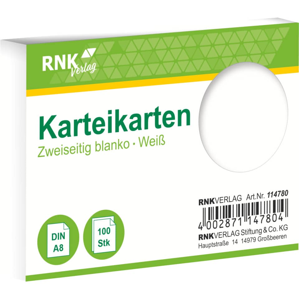 Karteikarte, A8, 170g/m², blanko, 100 Stück, weiß RNK 114780 RNK 114780 blanko